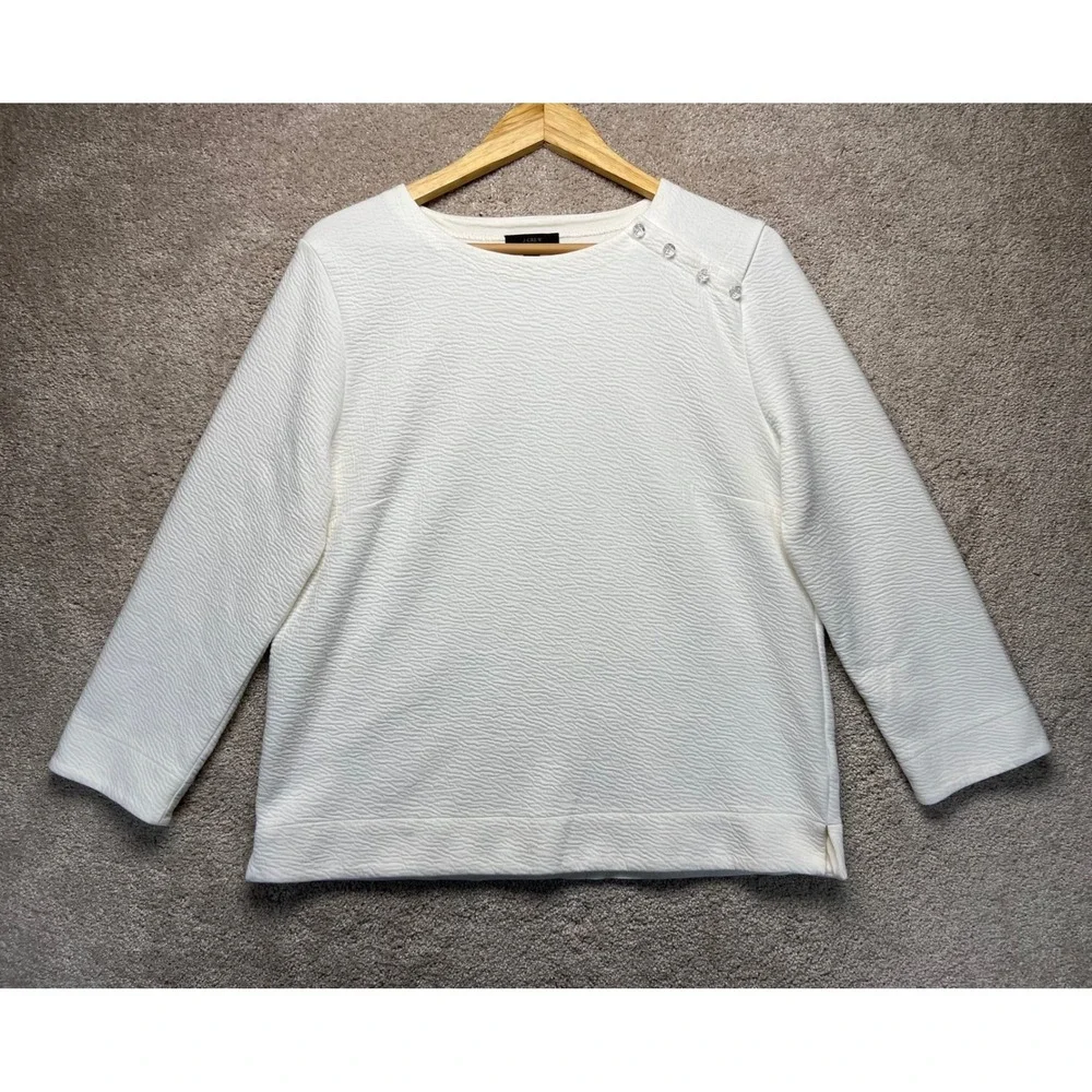 J. Crew Textured Crew Neck Sweatshirt Cream XL‎ Button Detail Preppy Coastal